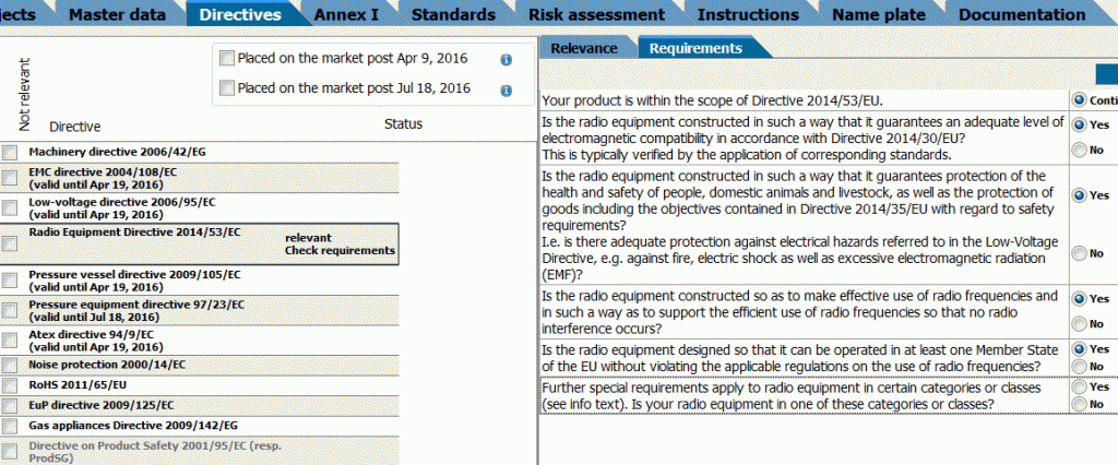 Question/answer dialog for the Radio Equipment Directive 2014/53/EU