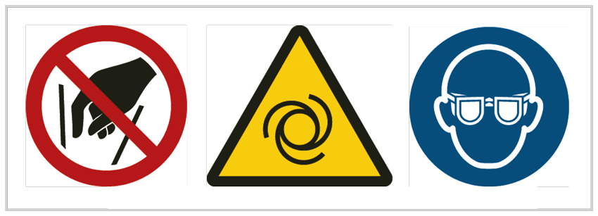 Sofern zum sicheren Bedienen notwendig, werden Maschinen mit Verbotszeichen, Warnzeichen und Gebotszeichen gekennzeichnet.