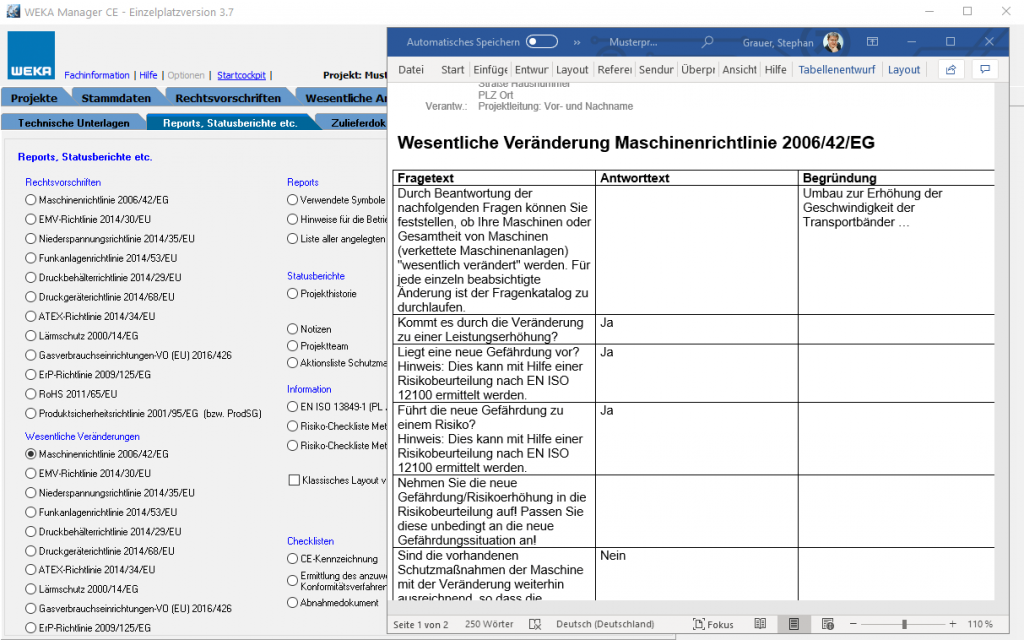 Screenshot aus der Software WEKA Manager CE zur Dokumentation von Gefährdungen