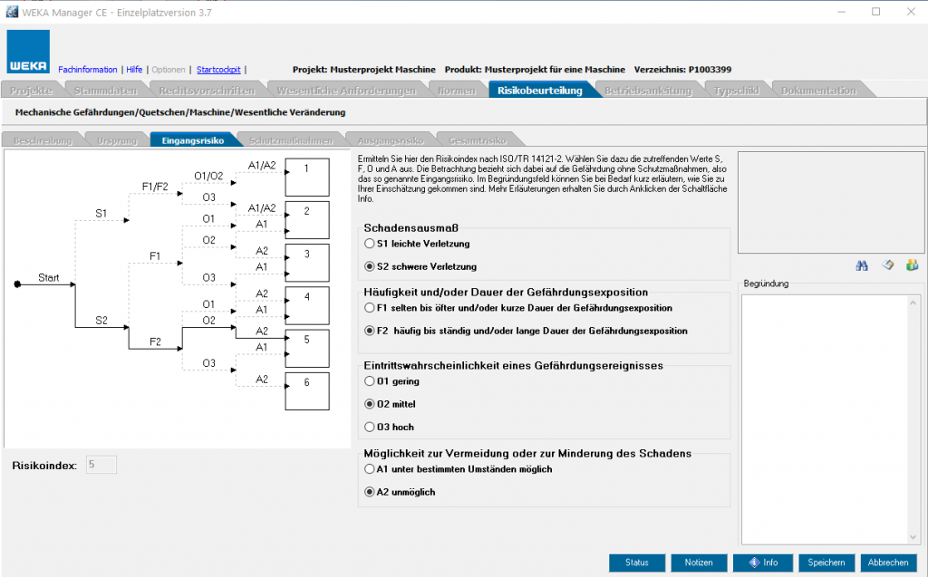 Screenshot aus der Software WEKA Manager CE zur Risikobeurteilung
