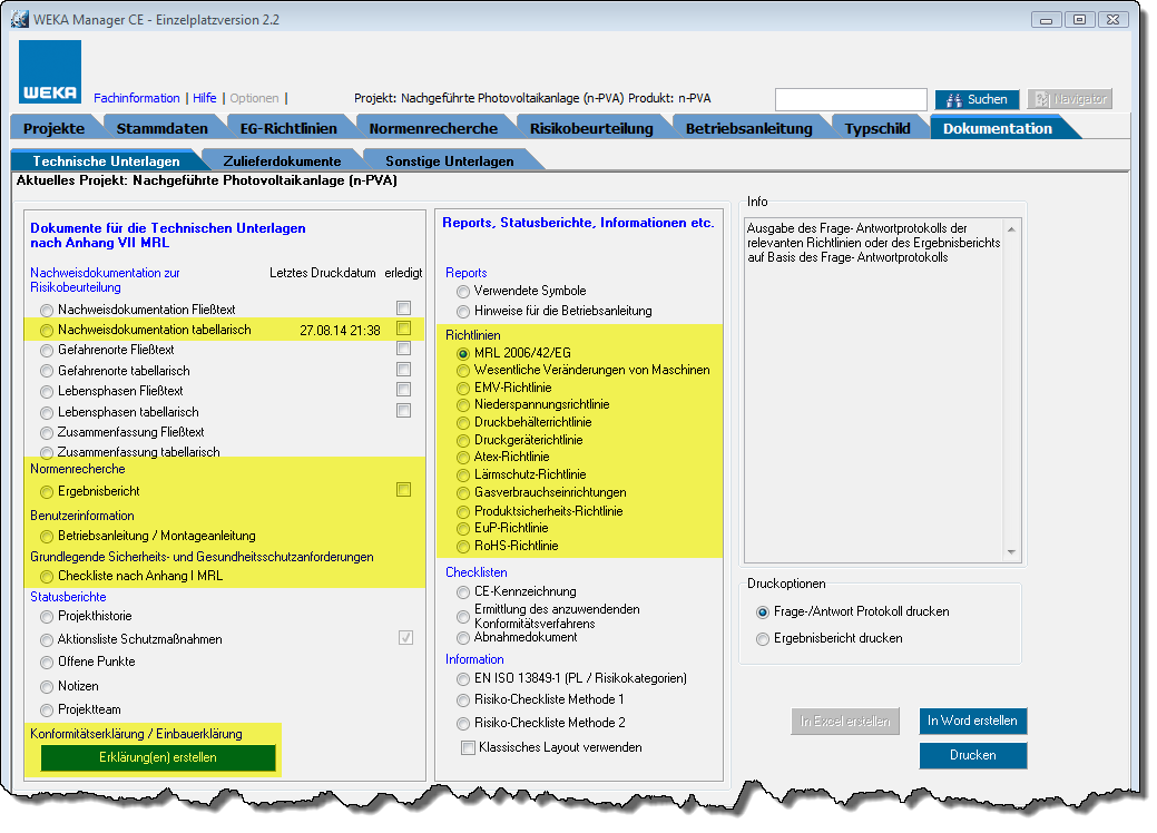 Nachweisdokumentation zur Risikobeurteilung mit der Software WEKA Manage CE